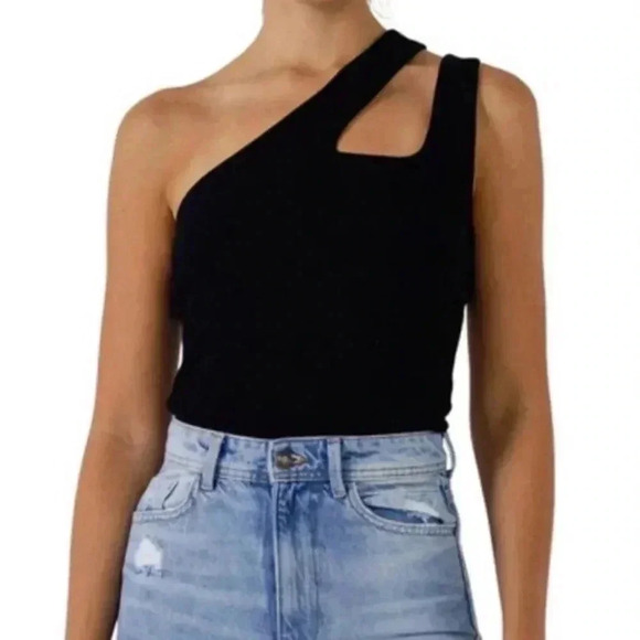 NWT Grey Lab Asymmetrical Double Strap lined ribbed Tank Top Black size medium - Picture 1 of 8